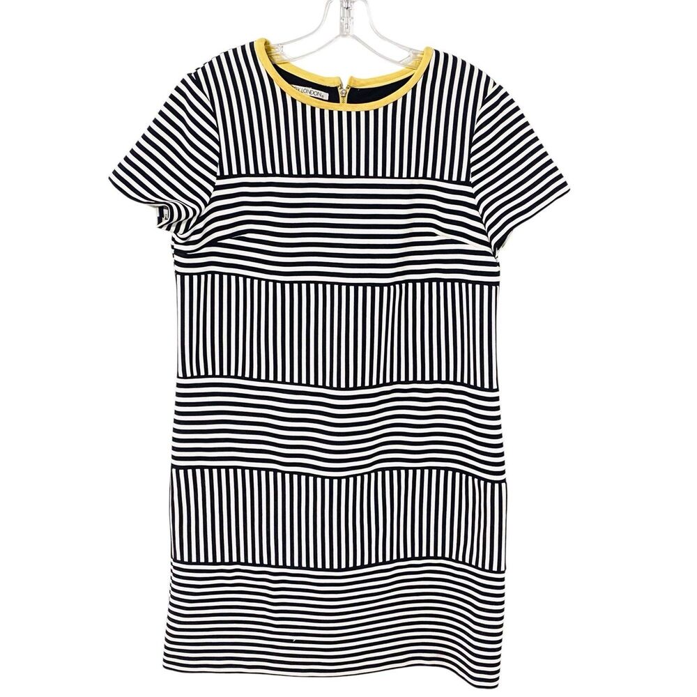 Maggy London Black White Yellow Trim 14 Shift Above Knee Striped Career